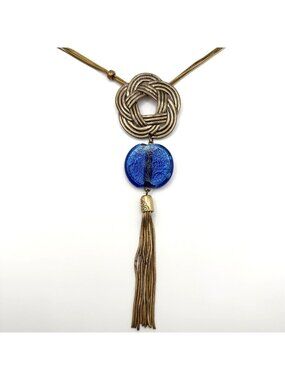 Chico's Long Gold Tone Tassel Necklace With Blue Glass & Woven Pendant